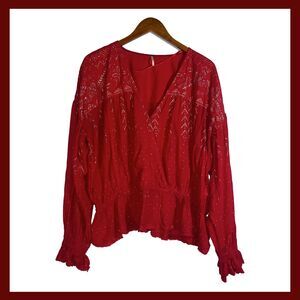 Free People Red Boho Long Sleeve Blouse with Gold Printed Detail Size Large